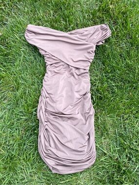 Romantic Soft Girl Off the Shoulder Ruched Bodycon Mini Dress Mauve / Taupe
